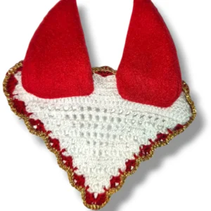 nauszniki a3, kolor biało czerwony, obszyte złotą nitką. wykonane na szydełku, uszka z polaru